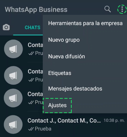 Abrir panel de opciones generales en WhatsApp Business y escoger Ajustes.